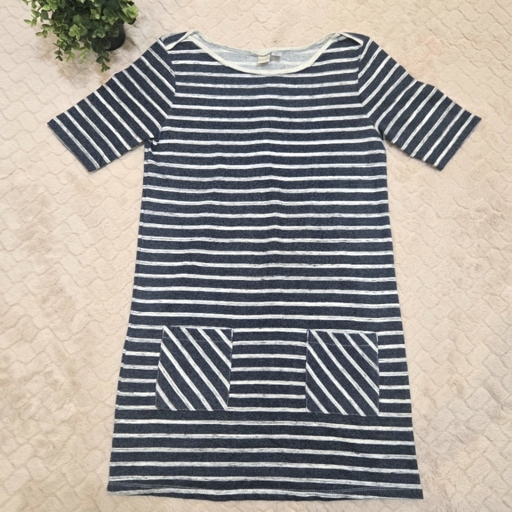 Canyon River Blues Blue and Gray Striped T-Shirt Dress W/Pockets, Size Medium